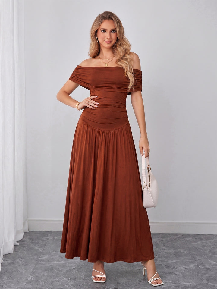 Off Shoulder Ruched Solid Maxi Dress