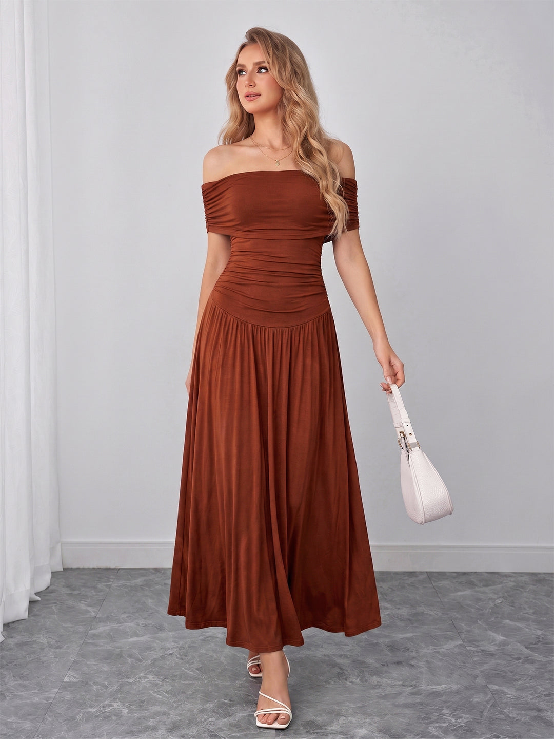 Ruched Solid Off Shoulder Maxi Dress