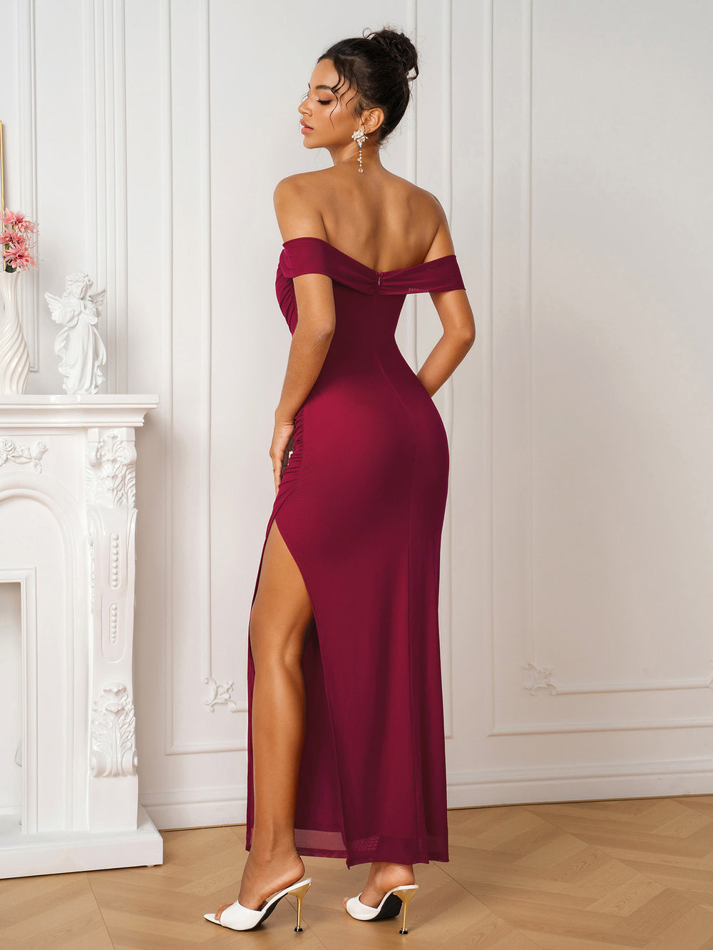 Off Shoulder Split Ruched Bodycon Mesh Dress#color_wine