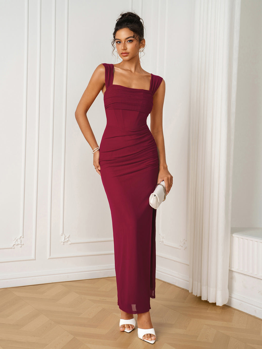 Split Off Shoulder Ruched Bodycon Mesh Dress