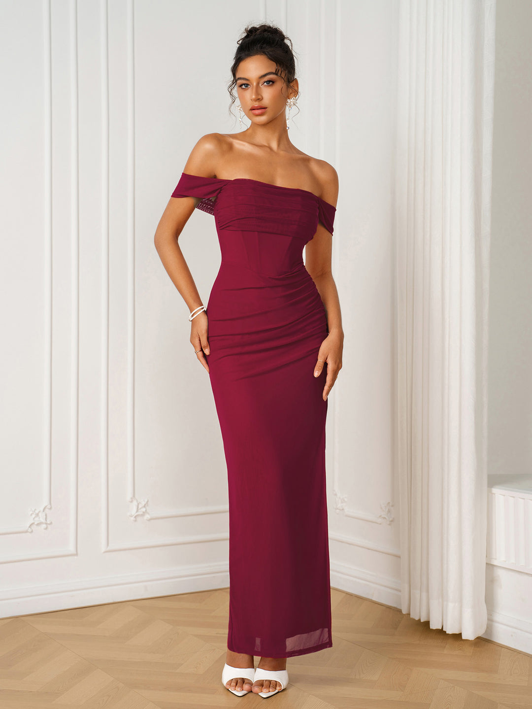 Off Shoulder Ruched Split Bodycon Mesh Dress