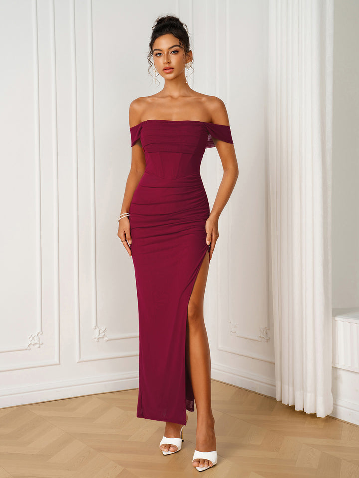 Ruched Split Off Shoulder Bodycon Mesh Dress