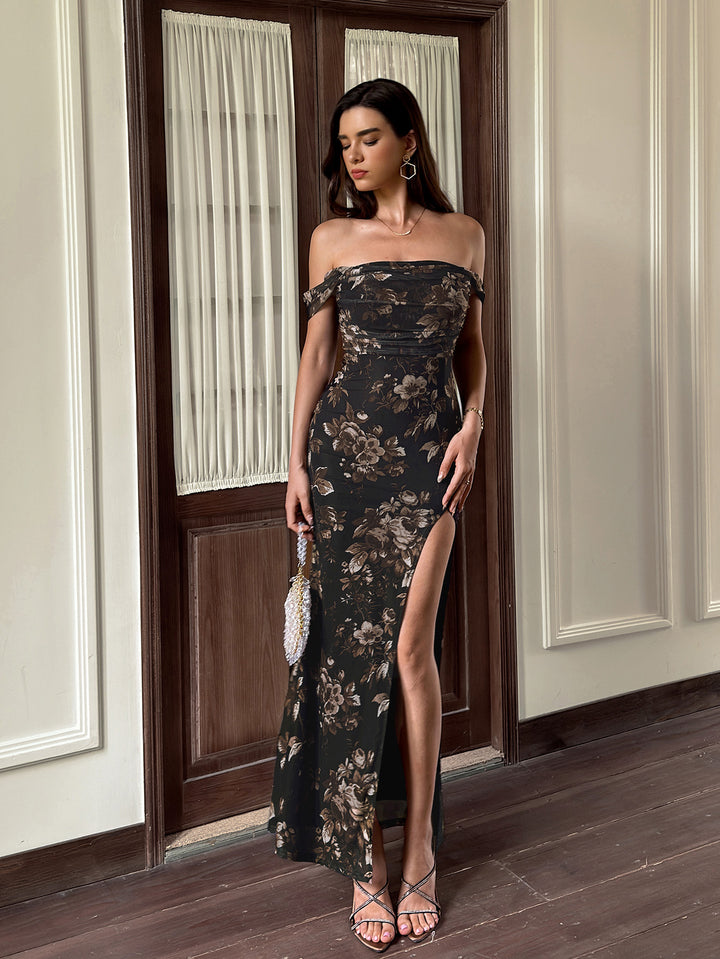 Split Off Shoulder Ruched Floral Print Mesh Dress