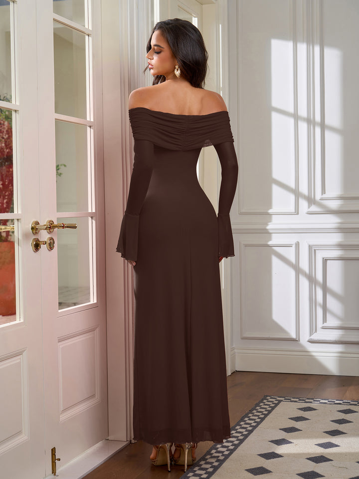 Off Shoulder Tie Front Ruched Flounce Sleeve Mesh Dress#color_brown