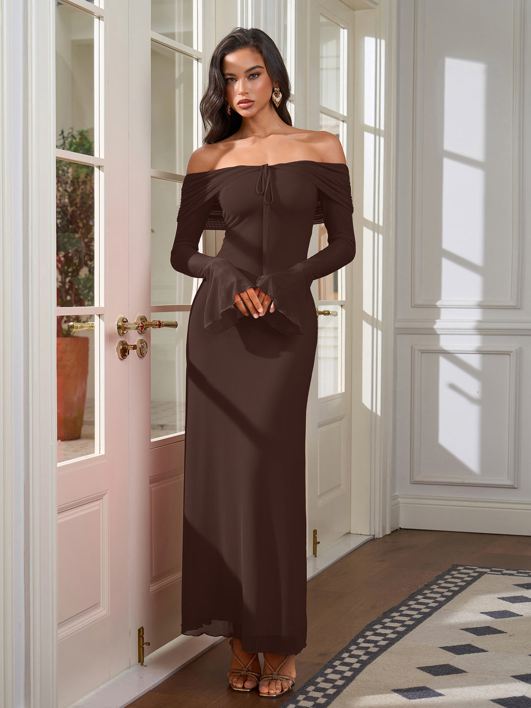 Tie Front Off Shoulder Ruched Flounce Sleeve Mesh Dress#color_brown