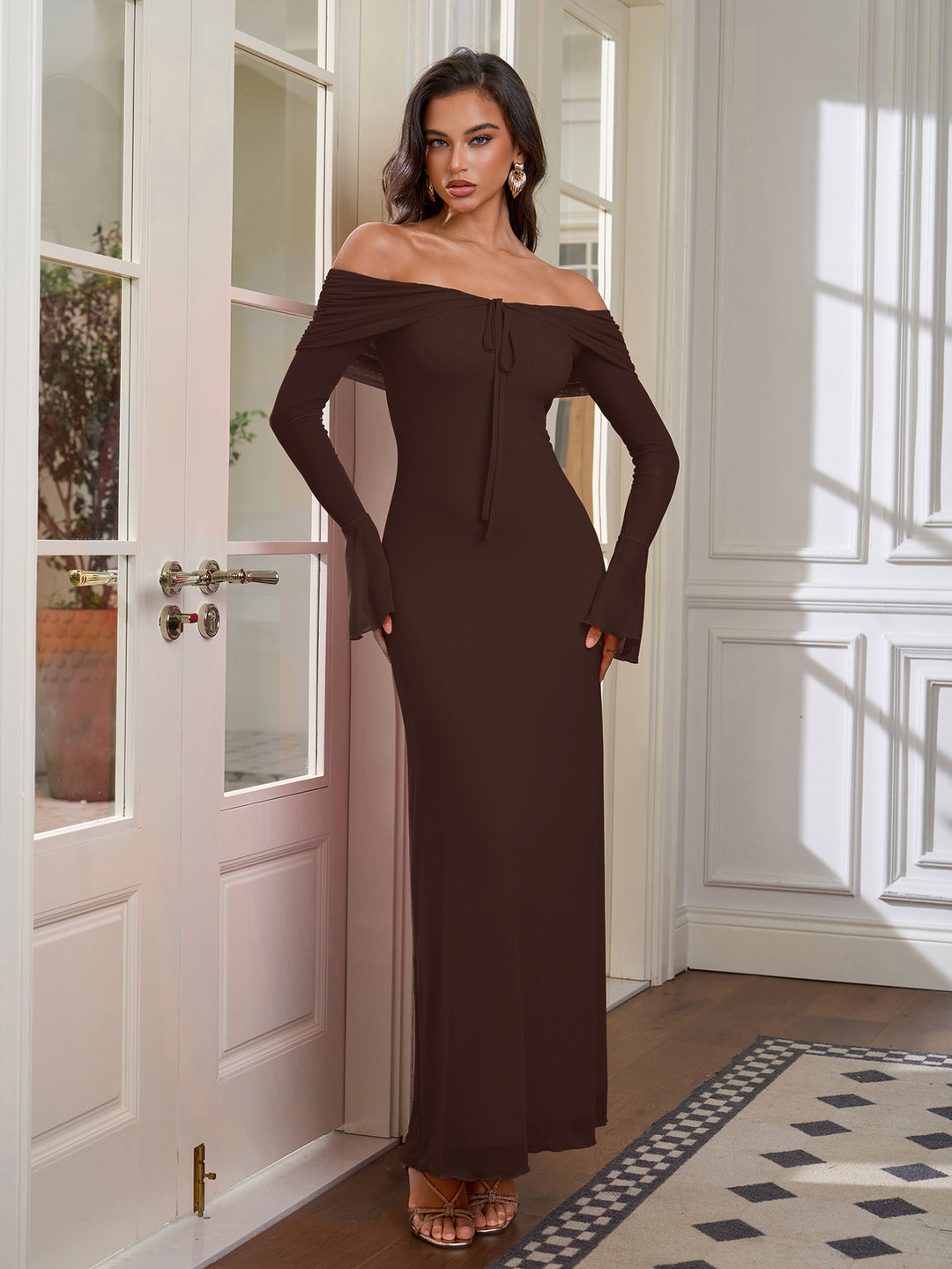 Tie Front Ruched Off Shoulder Flounce Sleeve Mesh Dress#color_brown