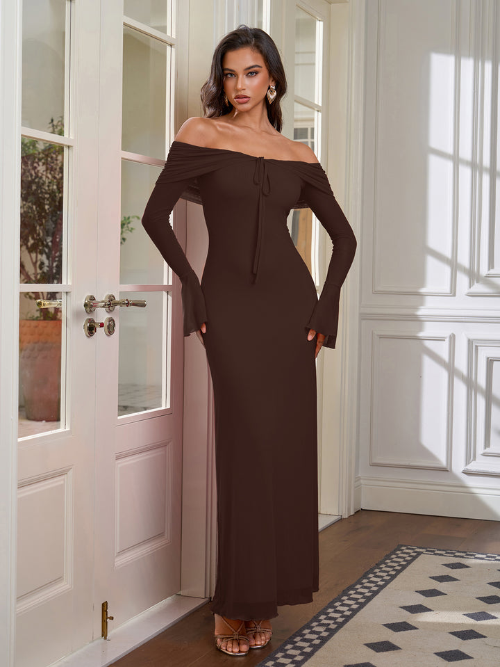 Tie Front Ruched Off Shoulder Flounce Sleeve Mesh Dress#color_brown