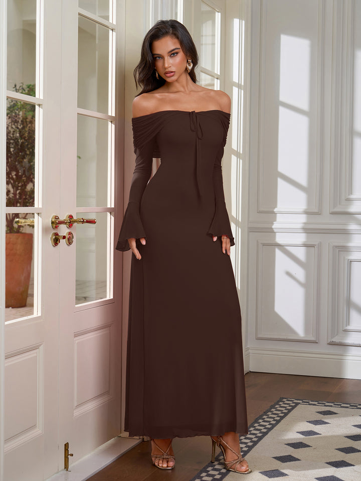 Ruched Tie Front Off Shoulder Flounce Sleeve Mesh Dress#color_brown