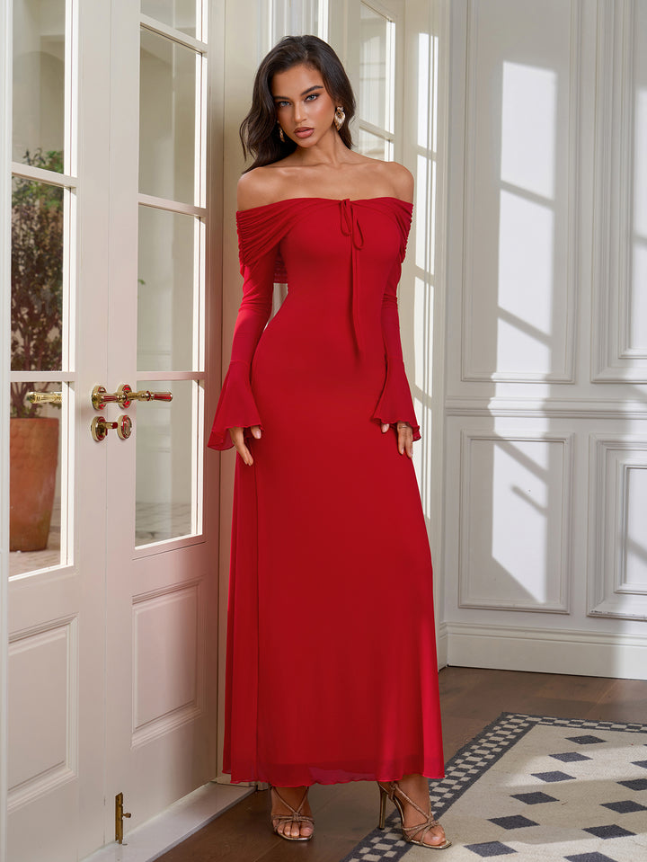 Shoulder Off Ruched Tie Front Flounce Sleeve Mesh Dress