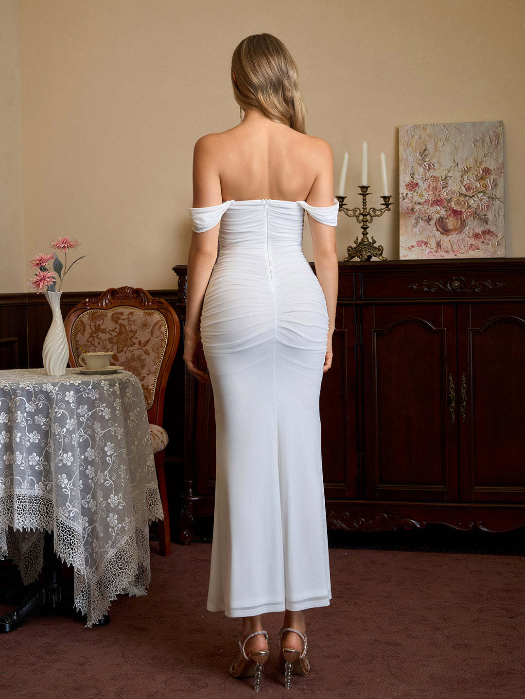 Off Shoulder Zipper Back Ruched Bodycon Dress#color_white