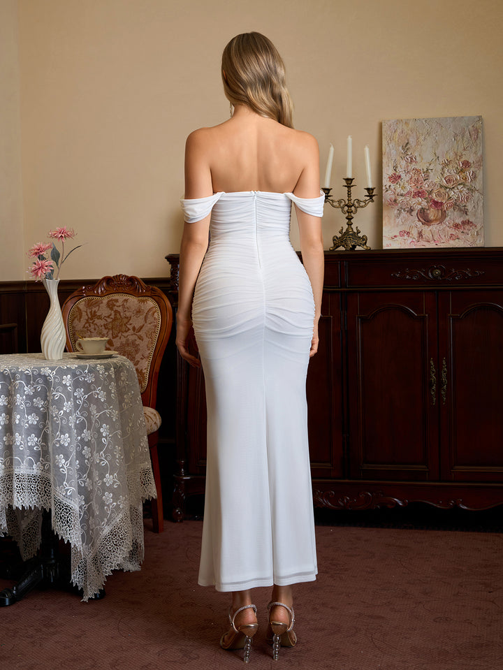 Off Shoulder Zipper Back Ruched Bodycon Dress#color_white