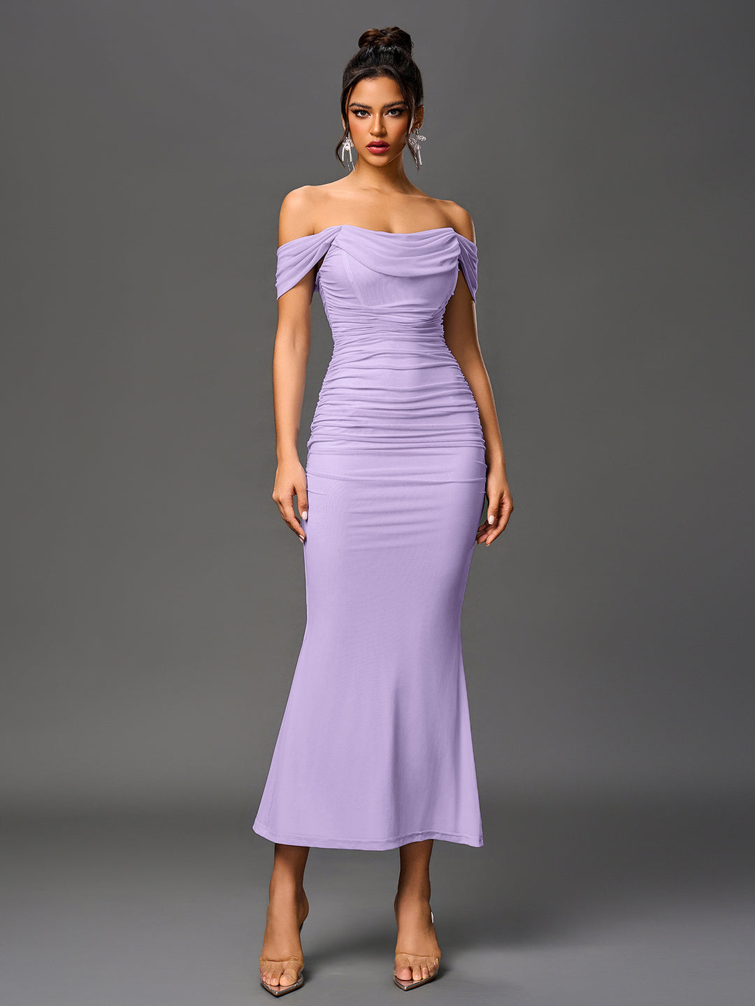 Off Shoulder Ruched Zipper Back Bodycon Dress Parthea Fashion Off Shoulder Ruched Zipper Back Bodycon Dress Parthea Fashion