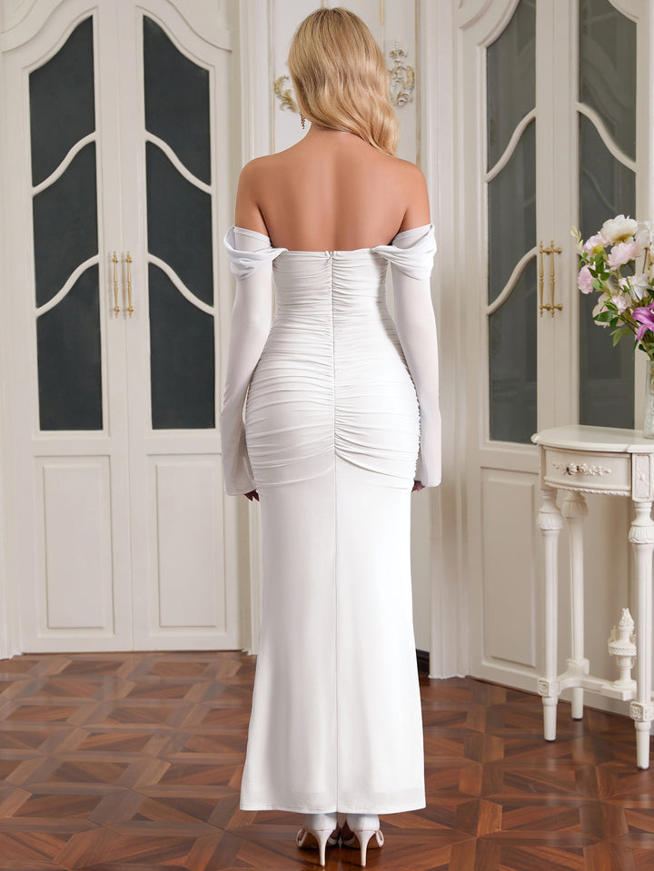 Off Ruched Shoulder Zipper Back Long Sleeve Mesh Dress#color_white