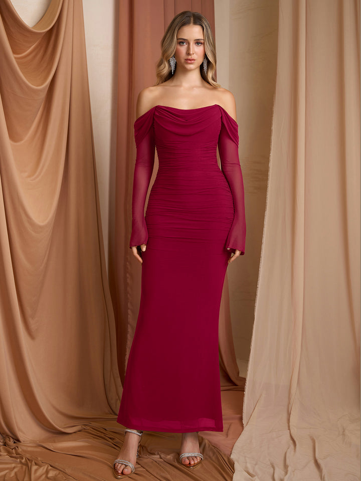 Zipper Back Off Shoulder Ruched Long Sleeve Mesh Dress#color_wine