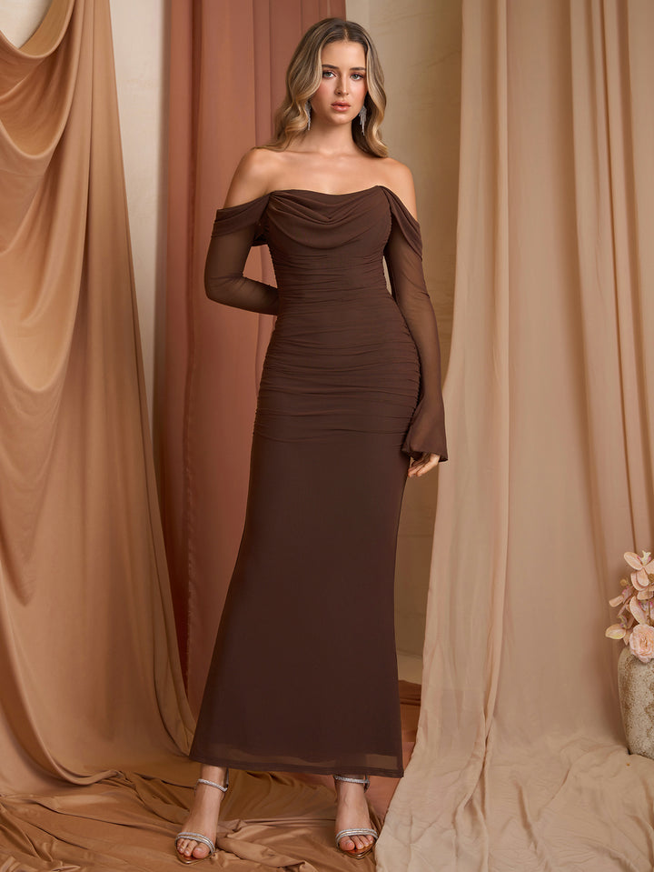 Zipper Back Off Shoulder Ruched Long Sleeve Mesh Dress#color_brown