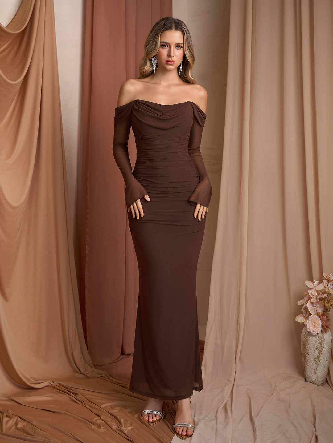Off Shoulder Ruched Zipper Back Long Sleeve Mesh Dress#color_brown