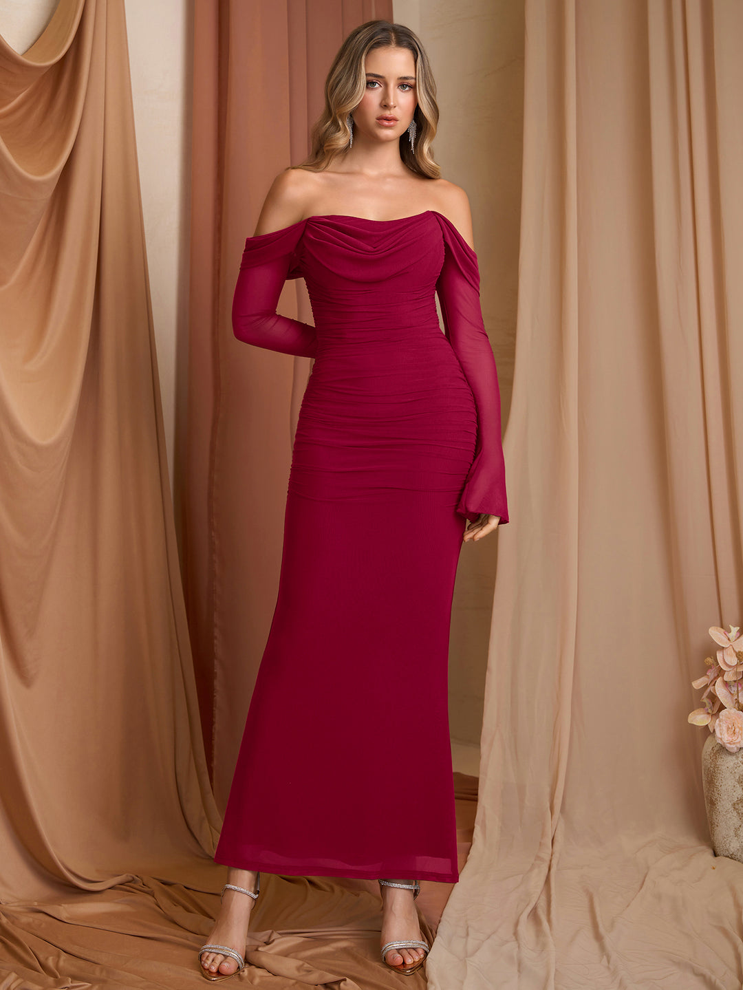 Ruched Zipper Back Off Shoulder Long Sleeve Mesh Dress#color_wine