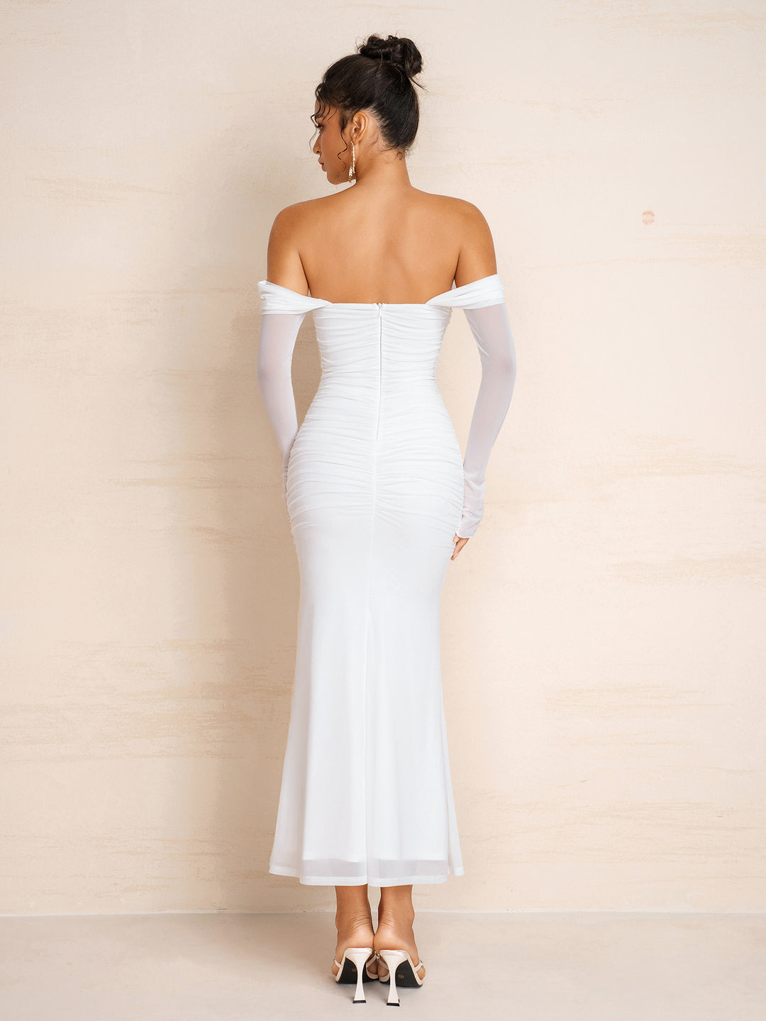 Off Shoulder Zipper Back Ruched Long Sleeve Mesh Dress