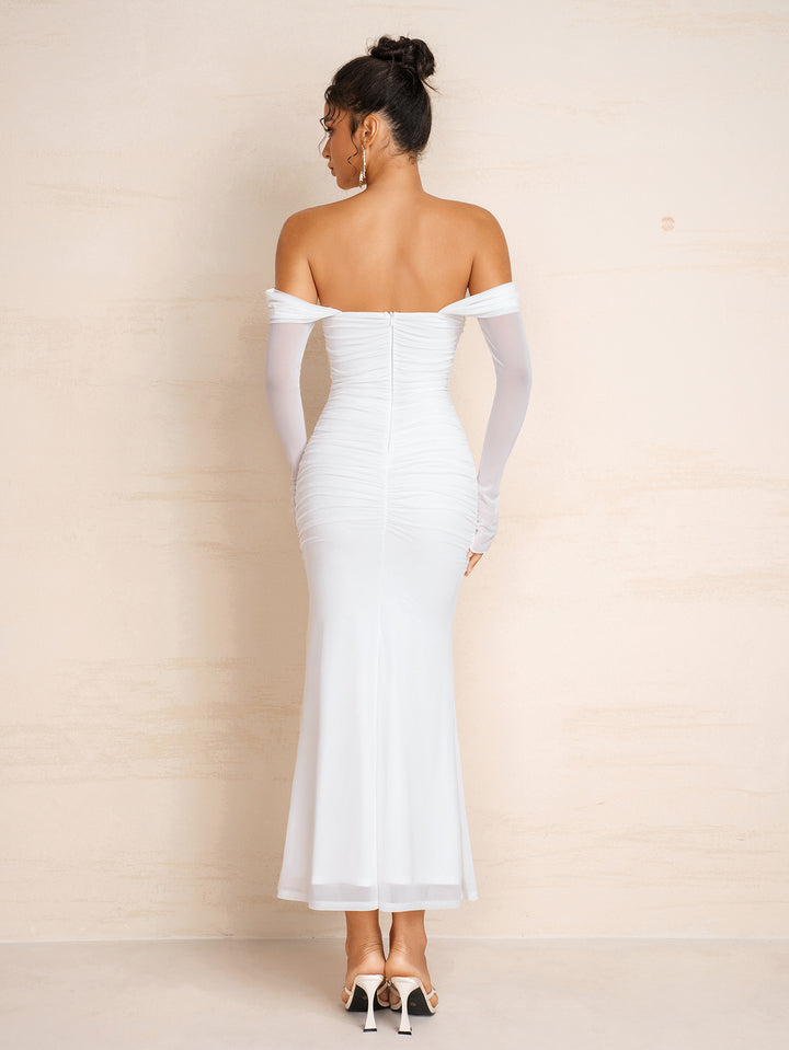 Off Shoulder Zipper Back Ruched Long Sleeve Mesh Dress
