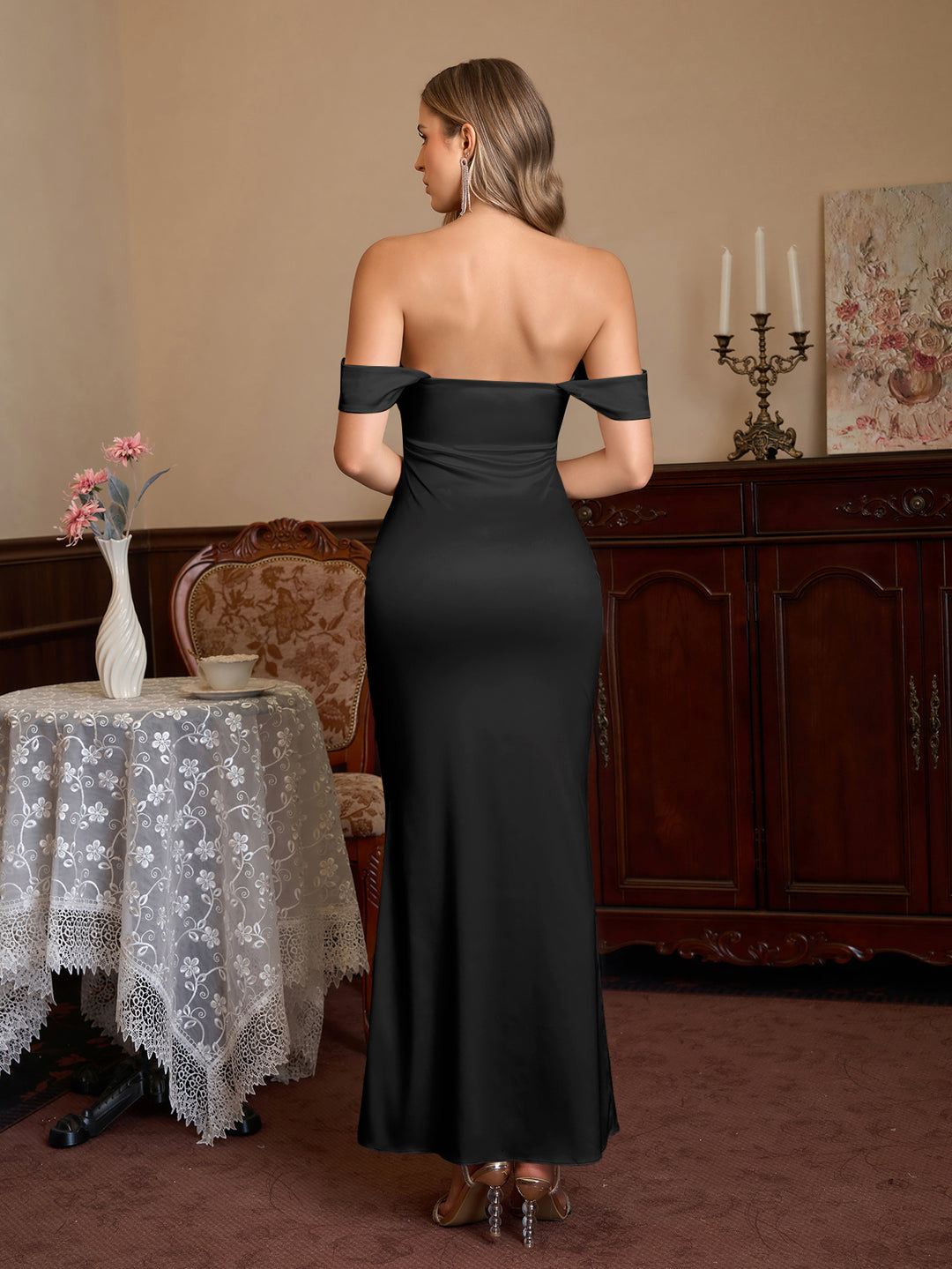Off Satin Shoulder Backless Mermaid Dress#color_black
