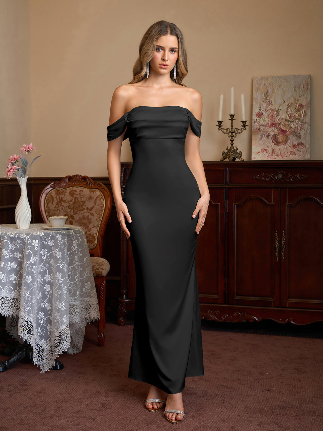 Satin Off Shoulder Backless Mermaid Dress#color_black