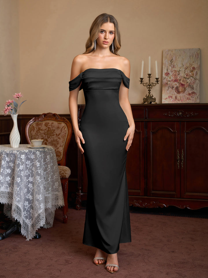 Satin Off Shoulder Backless Mermaid Dress#color_black
