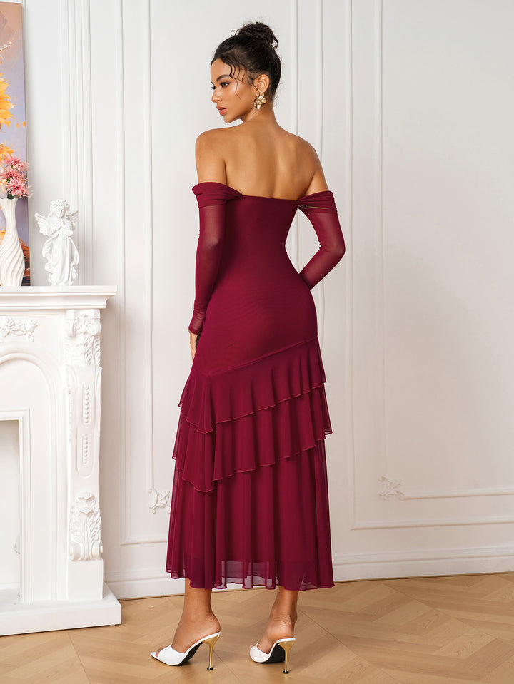 Off Shoulder Long Sleeve Tiered Ruffle Mesh Dress