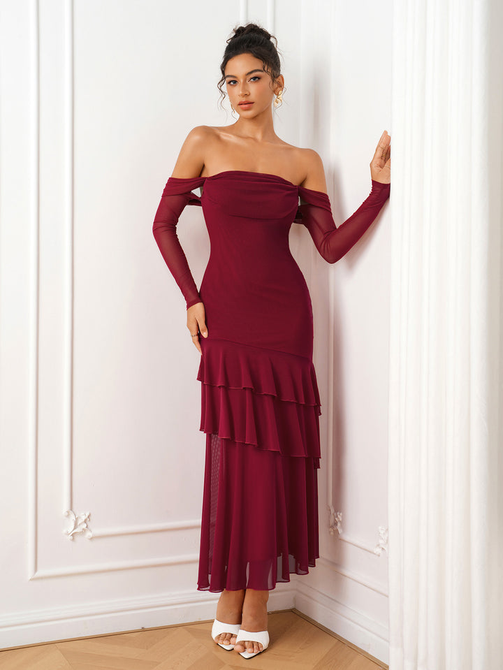 Long Sleeve Tiered Ruffle Off Shoulder Mesh Dress