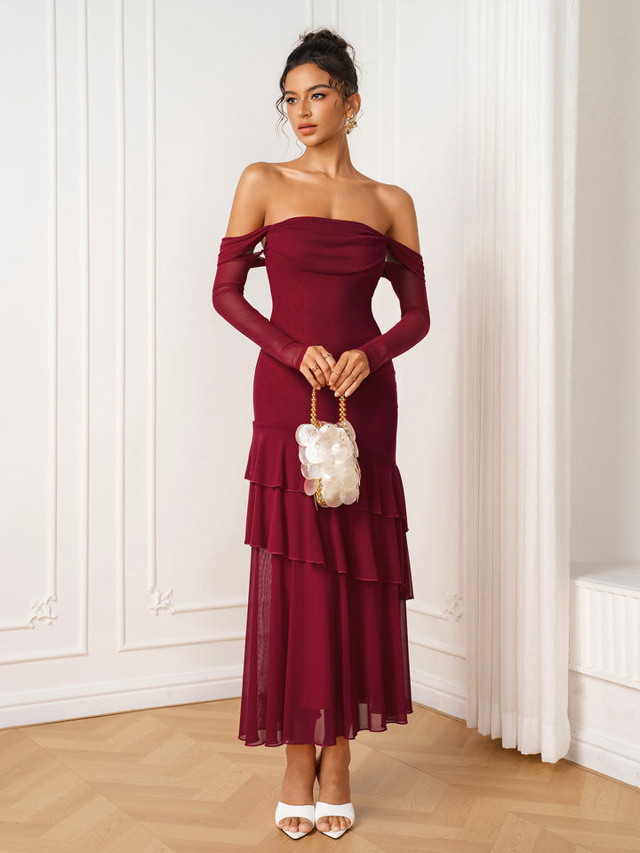 Long Sleeve Off Shoulder Tiered Ruffle Mesh Dress