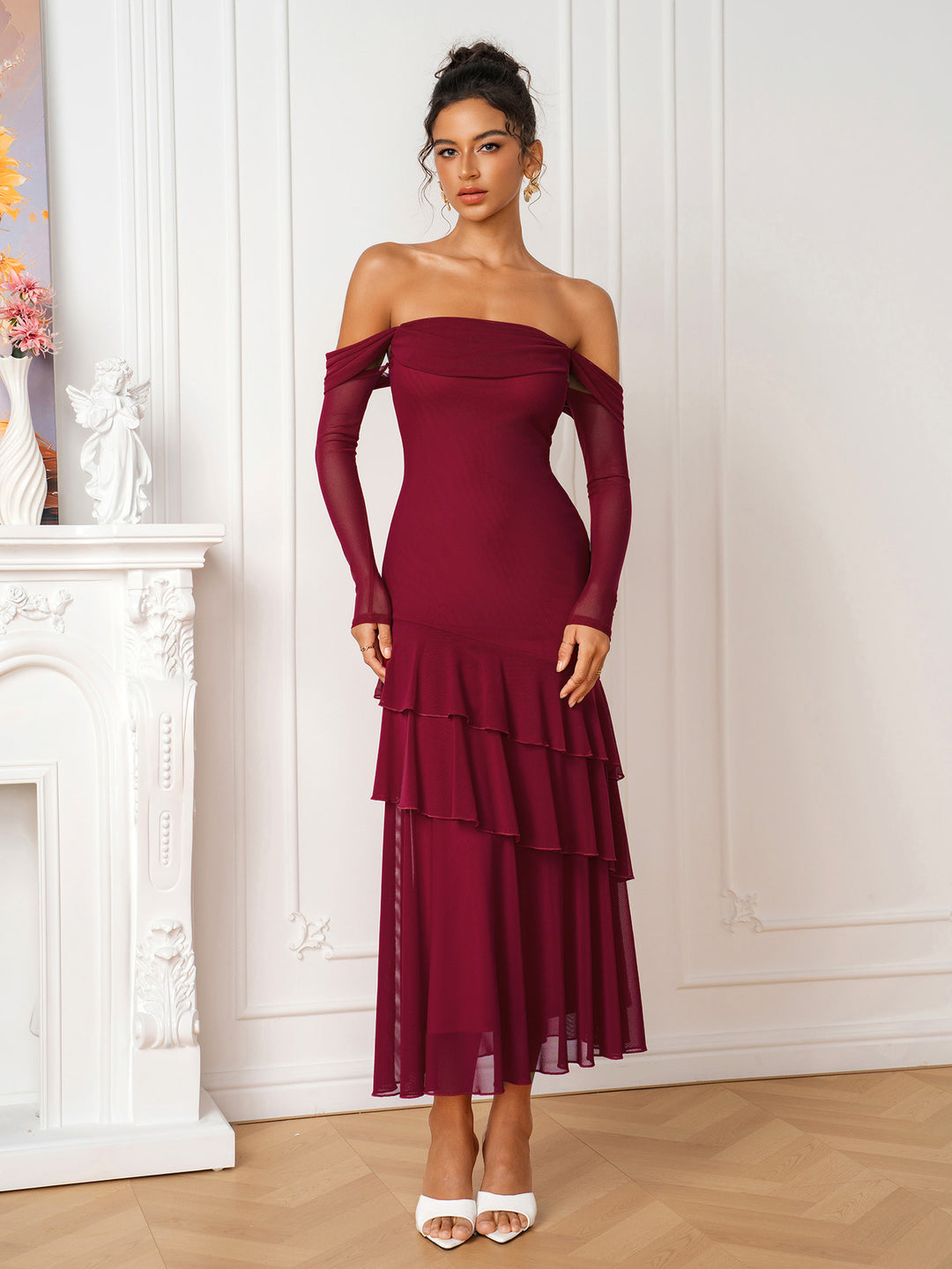 Off Shoulder Tiered Ruffle Long Sleeve Mesh Dress