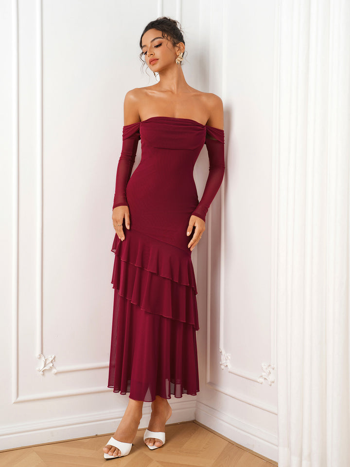 Tiered Ruffle Long Sleeve Off Shoulder Mesh Dress