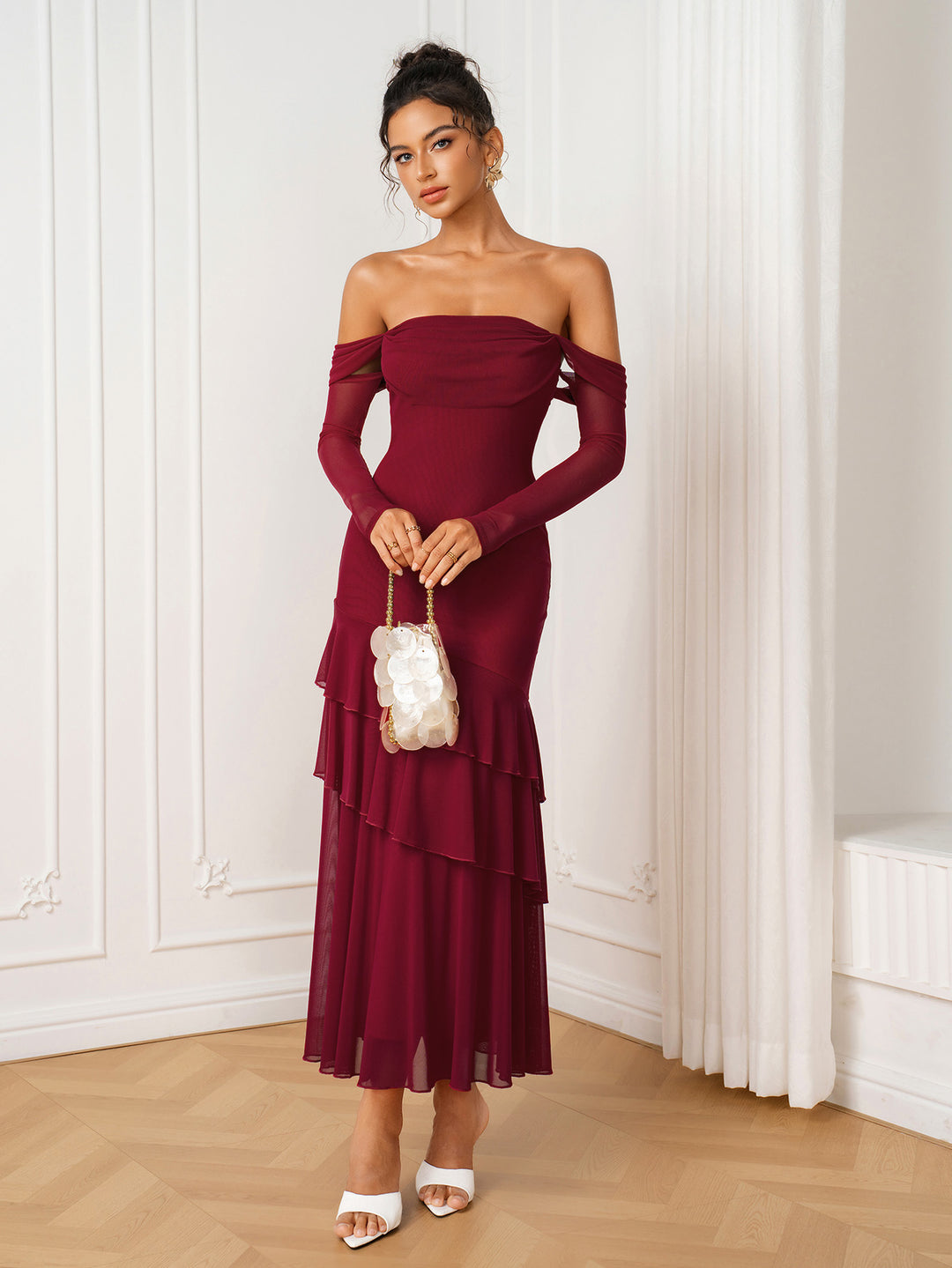 Tiered Ruffle Off Shoulder Long Sleeve Mesh Dress