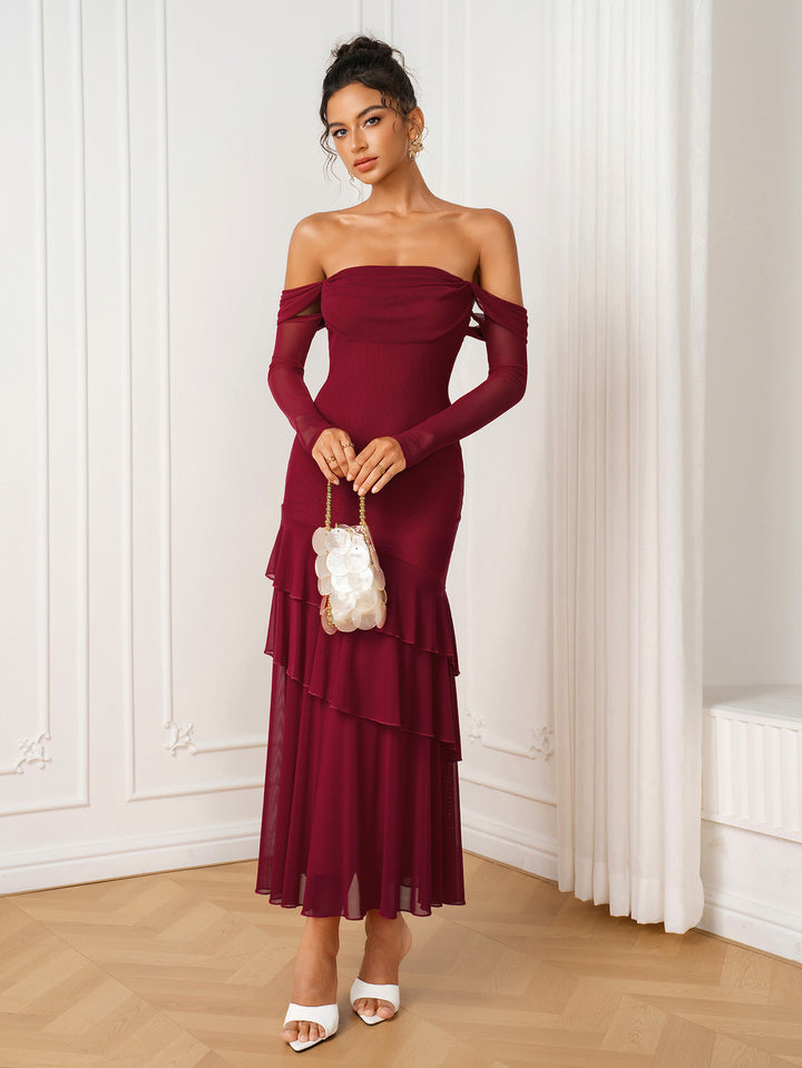 Tiered Ruffle Off Shoulder Long Sleeve Mesh Dress