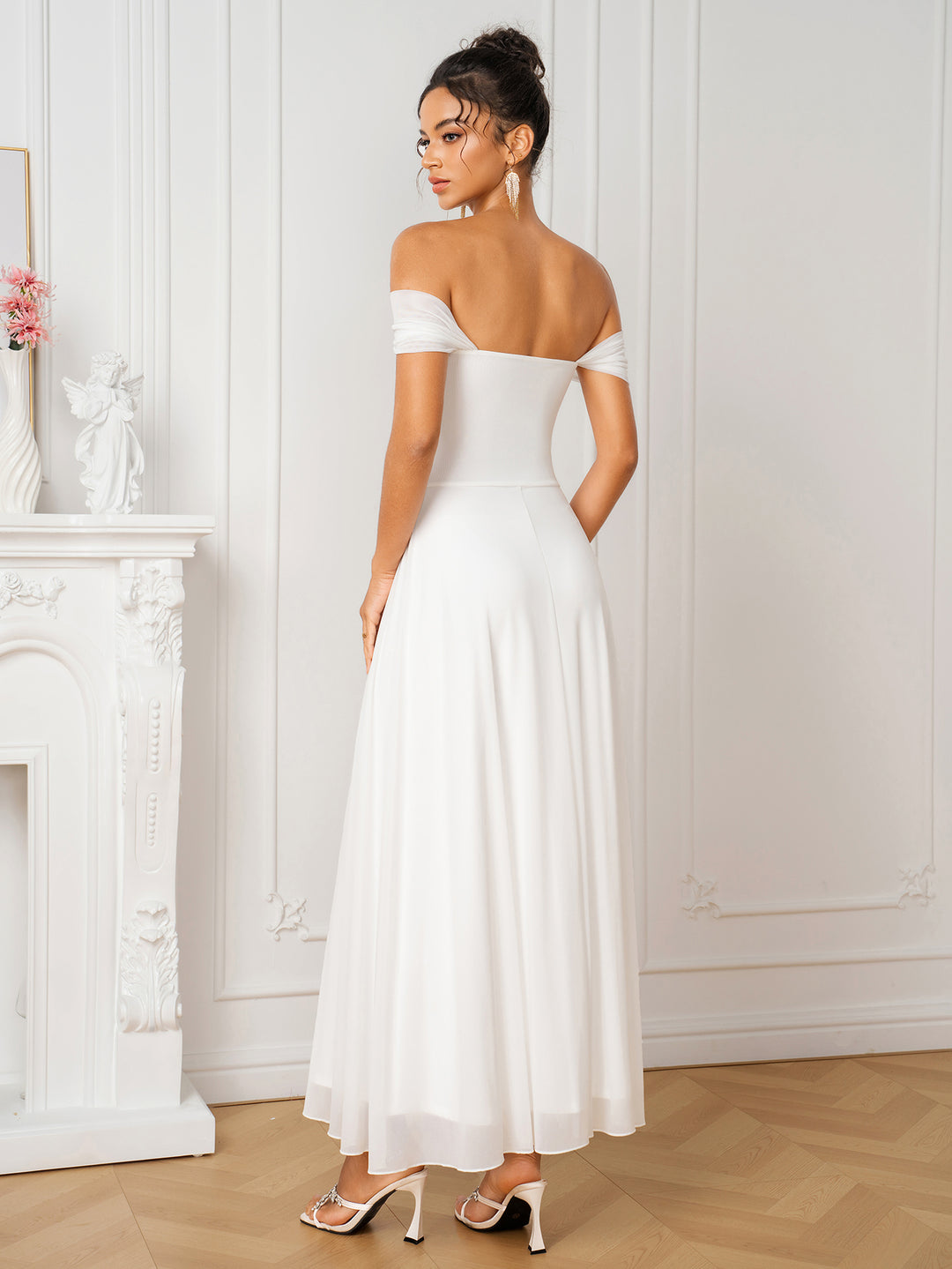 Off Shoulder Flared Hem Twist Front Mesh Dress