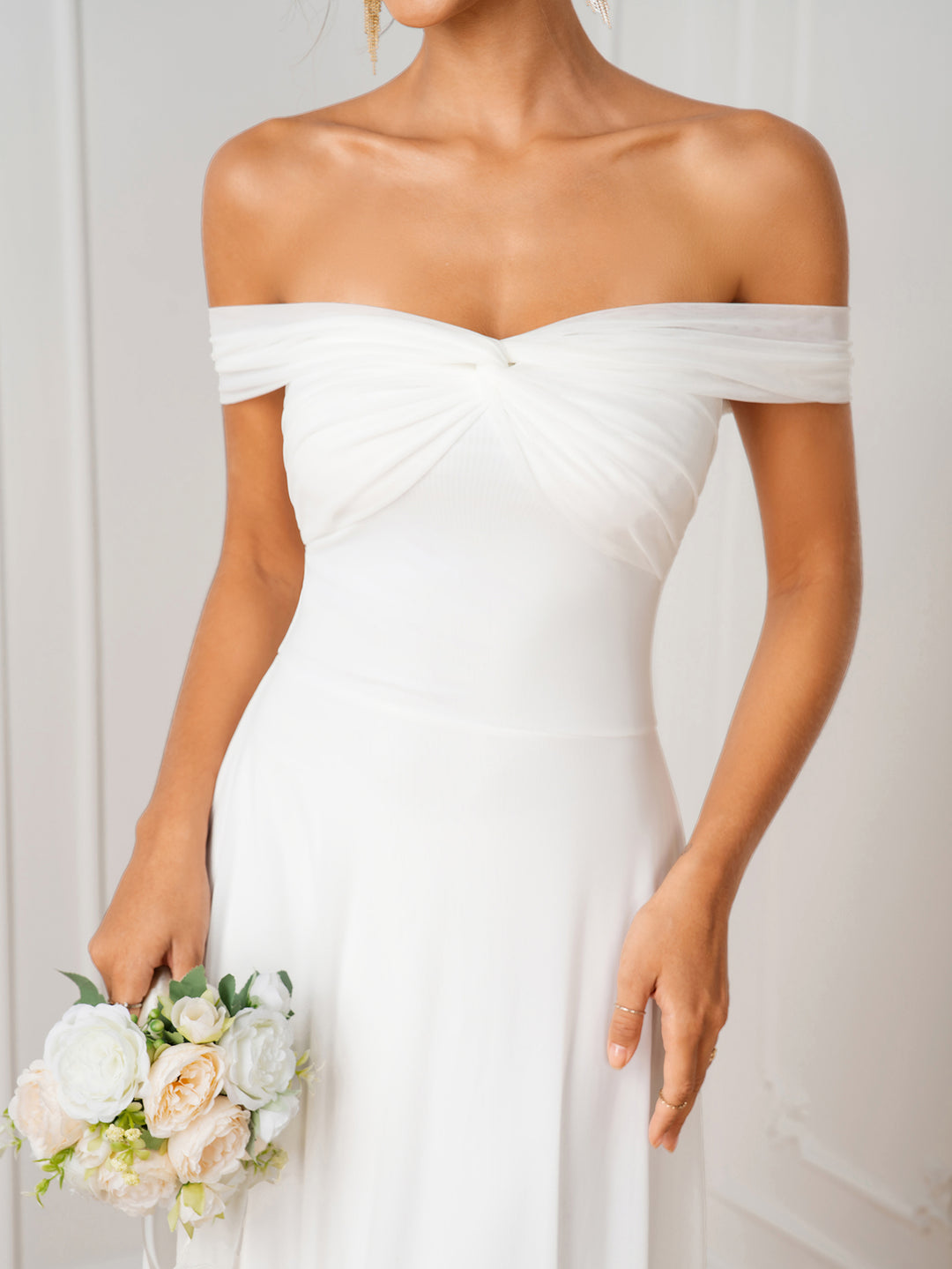 Flared Hem Twist Front Off Shoulder Mesh Dress