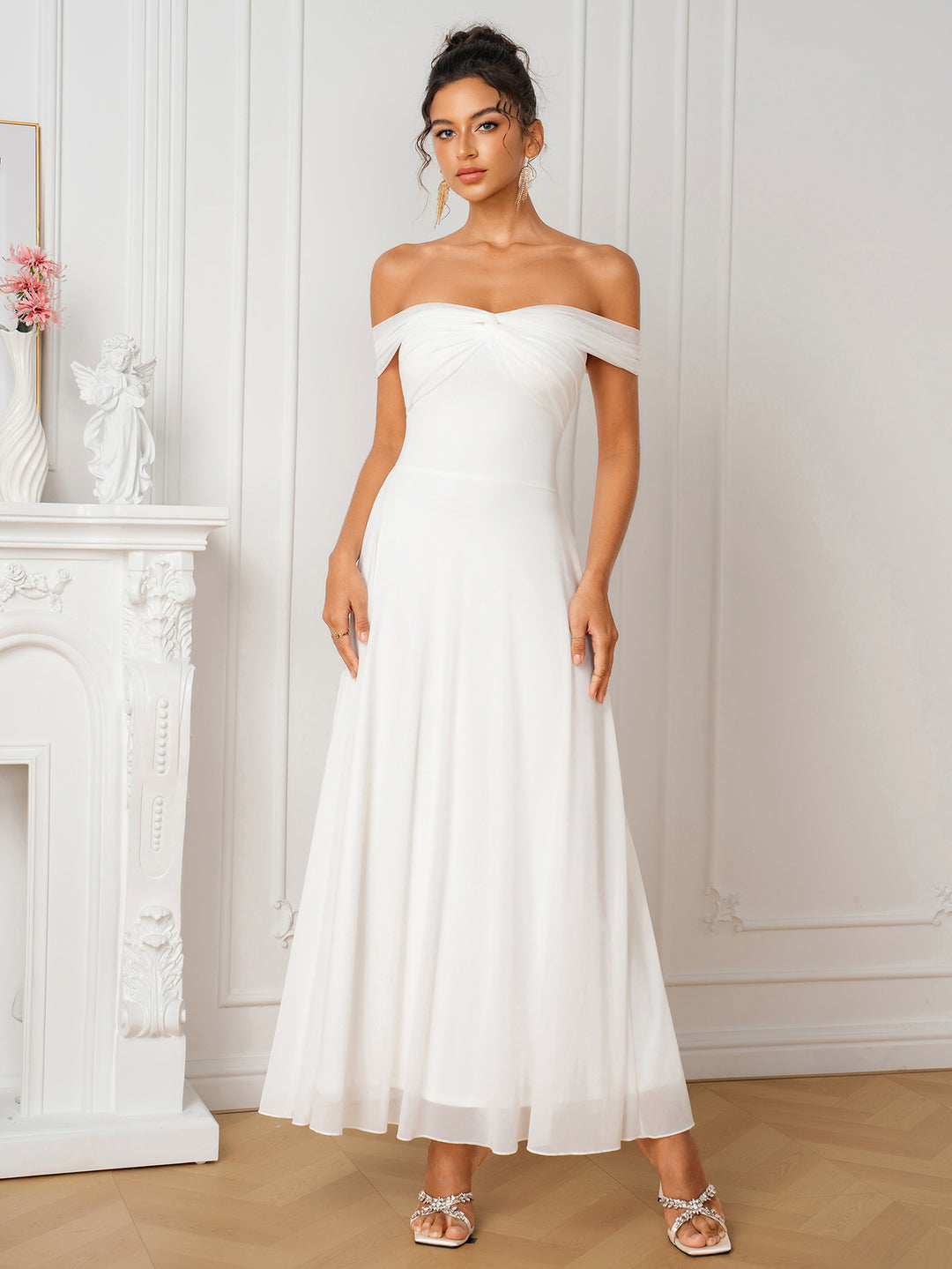 Off Shoulder Twist Front Flared Hem Mesh Dress