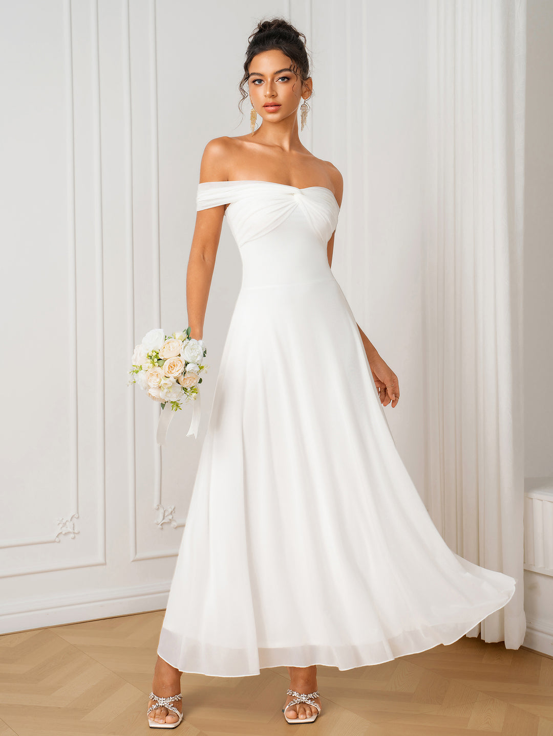 Twist Front Off Shoulder Flared Hem Mesh Dress