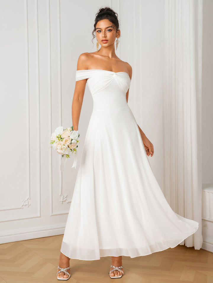 Twist Front Off Shoulder Flared Hem Mesh Dress