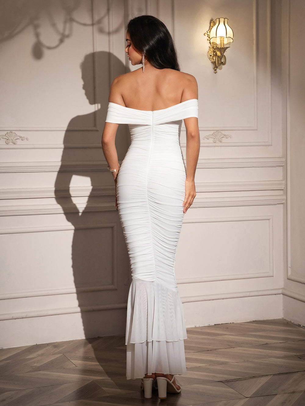 Off Shoulder Ruched Zipper Back Maxi Dress#color_white