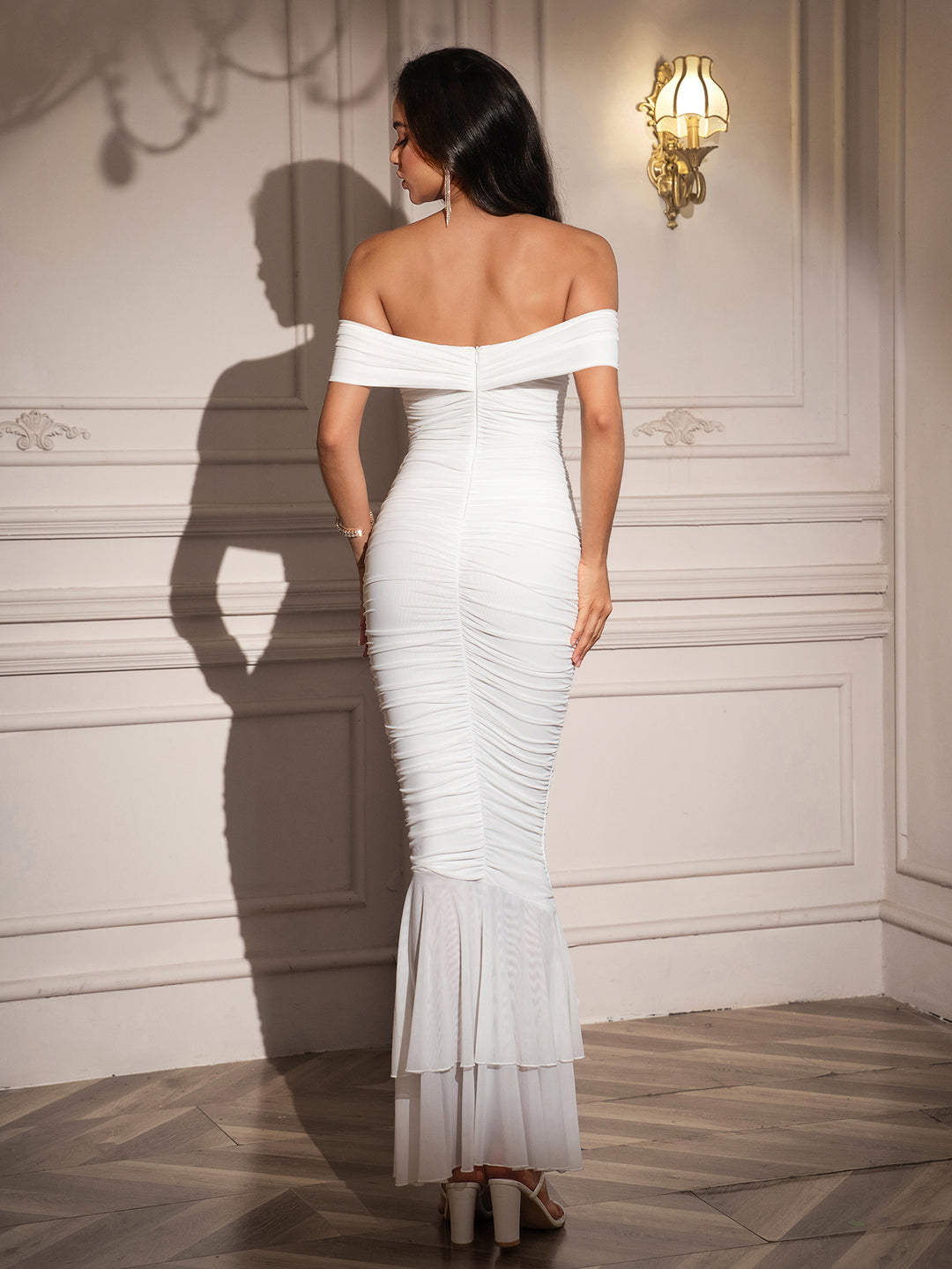 Off Shoulder Ruched Zipper Back Maxi Dress#color_white