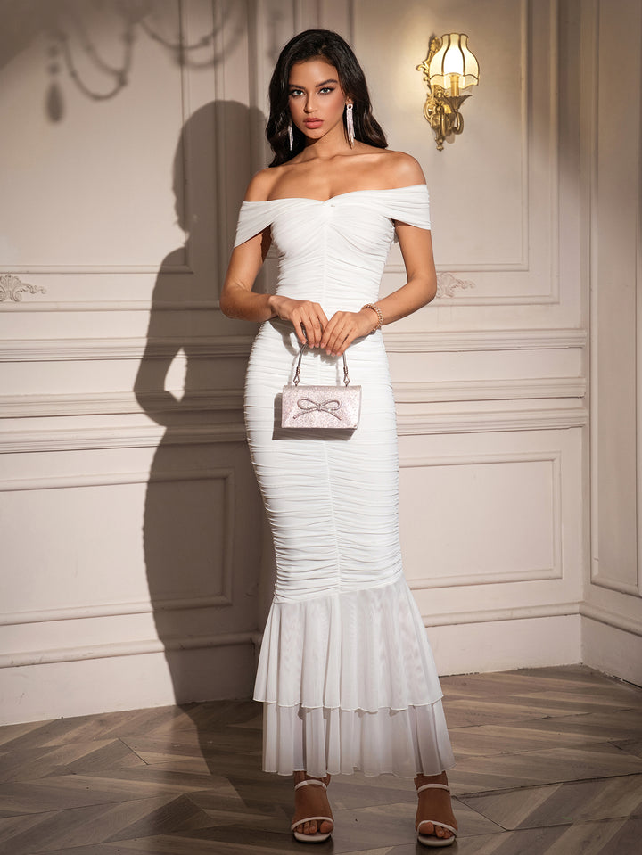 Off Shoulder Zipper Back Ruched Maxi Dress#color_white