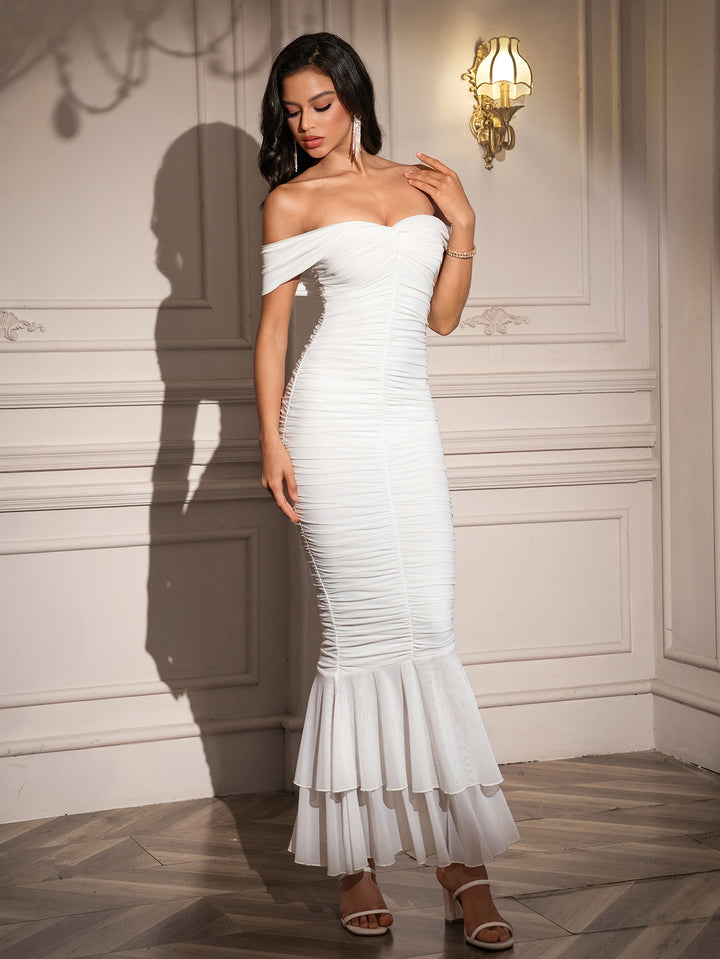 Zipper Back Ruched Off Shoulder Maxi Dress#color_white
