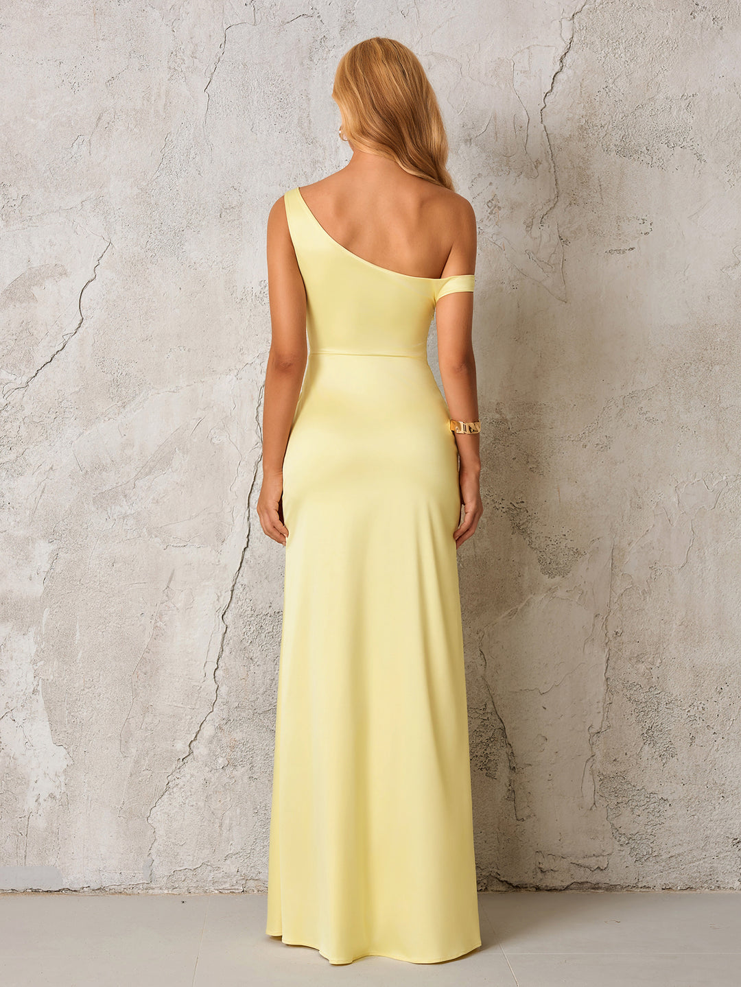 One Shoulder Satin Backless Maxi Dress#color_yellow