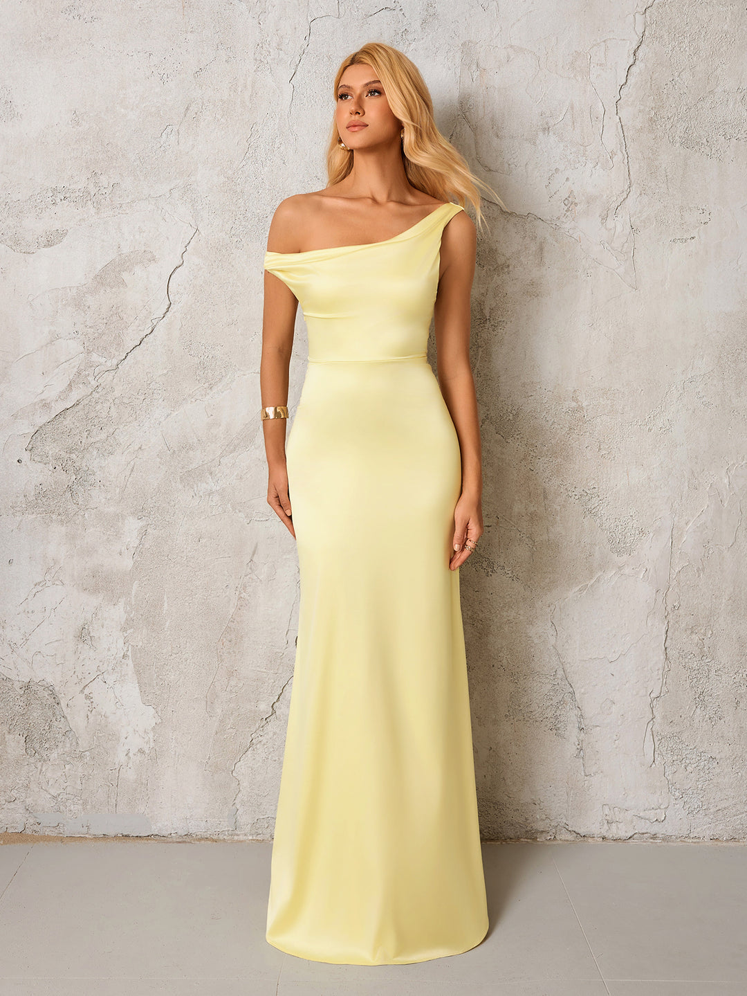 Backless Satin One Shoulder Maxi Dress#color_yellow