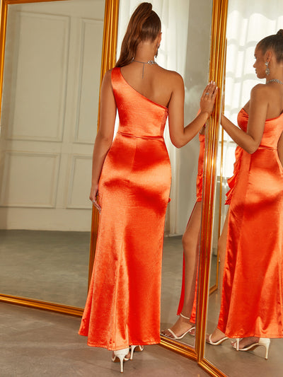 cut out one shoulder satin slit dress#color_orange