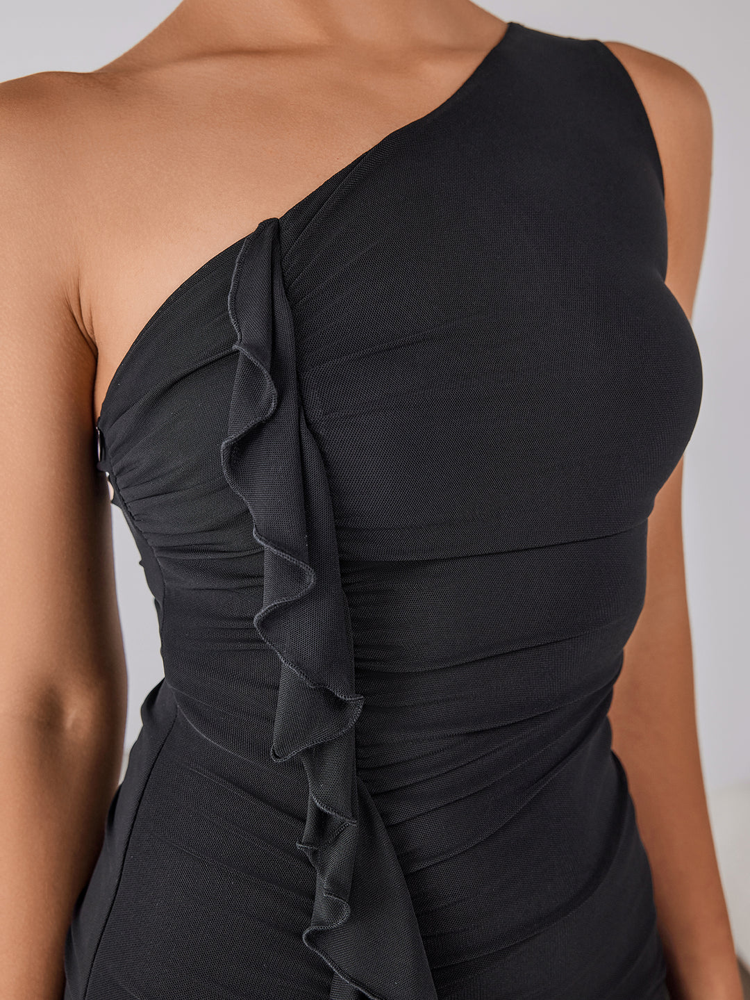 One Shoulder Embellished Ruched Asymmetrical Hem Dress – Parthea Fashion