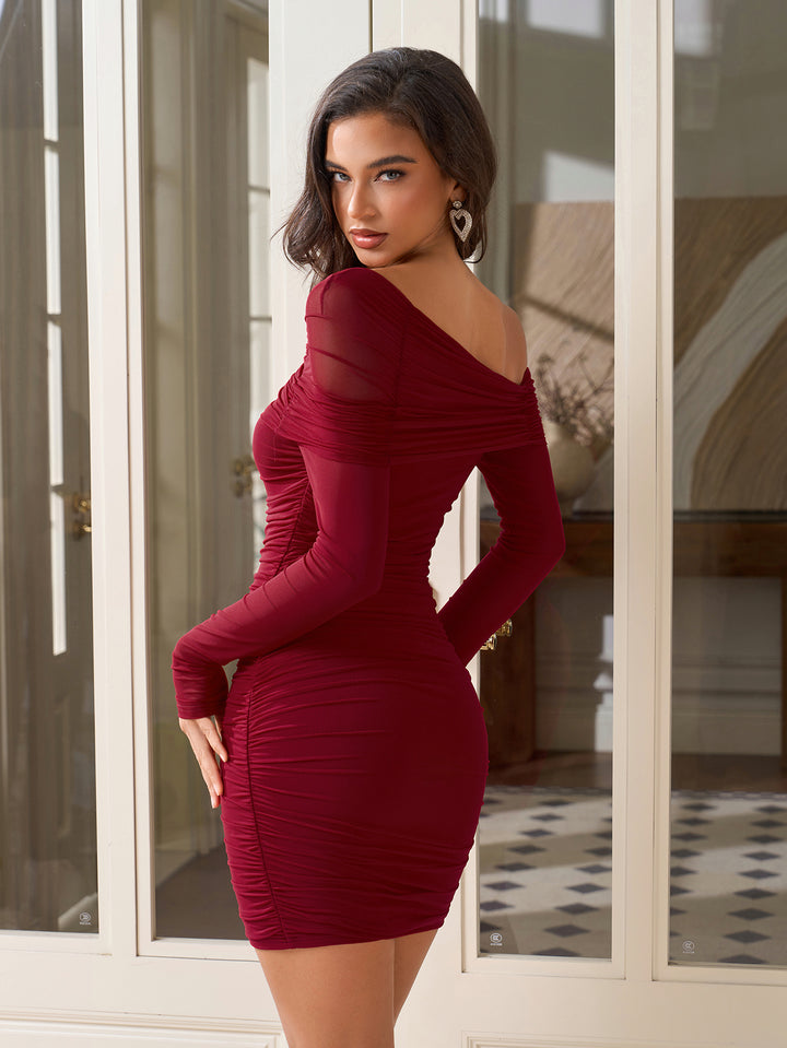 Ruched One Shoulder Bodycon Mesh Mini Dress#color_wine