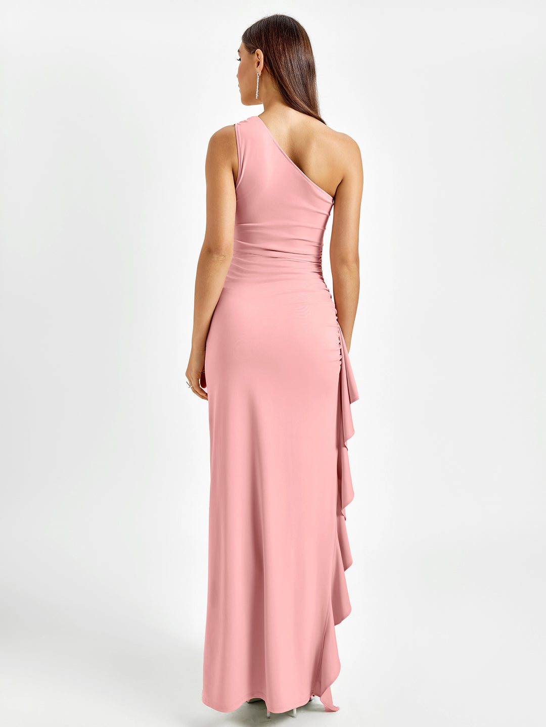 ruched one shoulder embellished slit hem dress