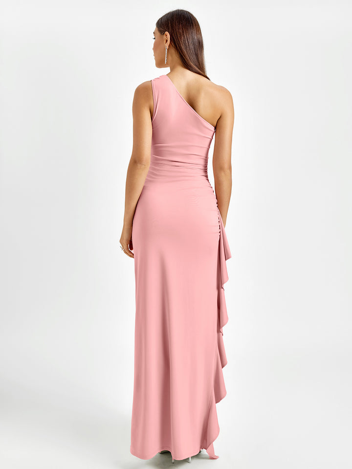 ruched one shoulder embellished slit hem dress