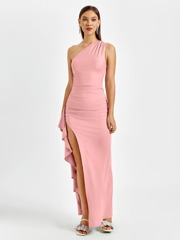 ruched embellished slit hem one shoulder dress